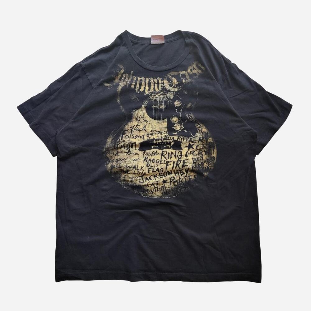 Y2K 2000s Grunge Style Jonny Cash Black T-Shirt with Guitar Graphic and Song Lyr